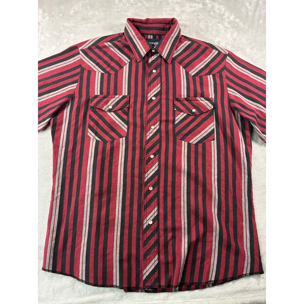 Wrangler Western Shirt Mens Red Black Striped Short Sleeve Pearl Snap Cowboy M